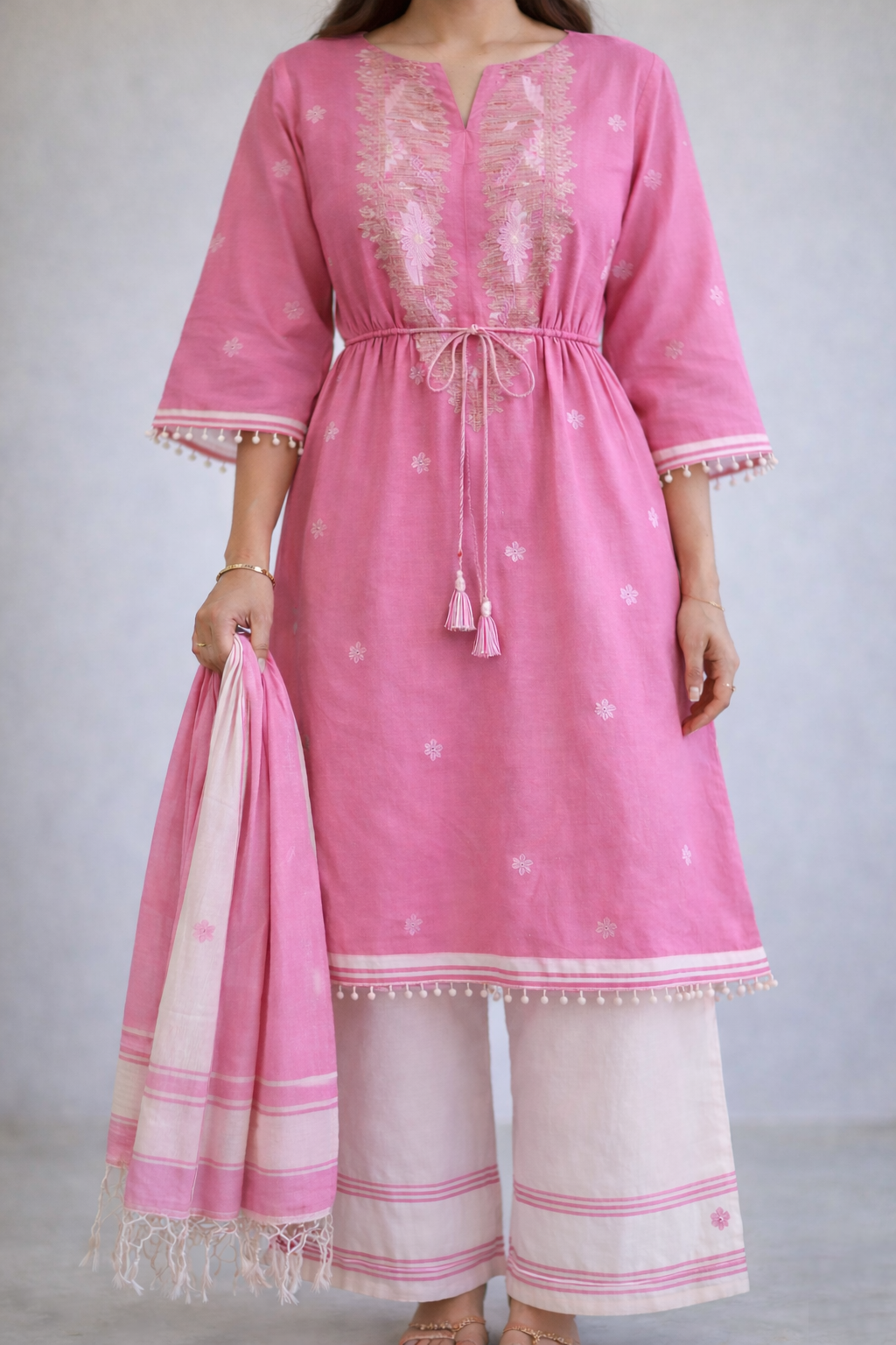 Rose Pink & Ivory Mulmul Suit