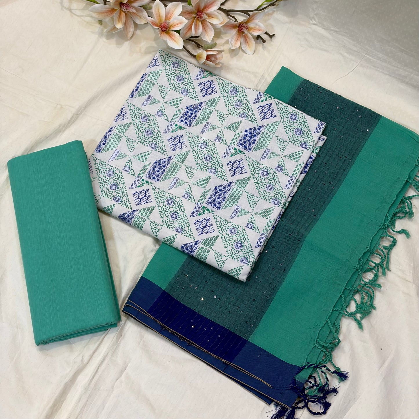 White & Turquoise Block Print Cotton Suit Set