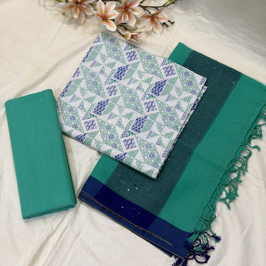 White & Green Block Print Cotton Suit Set