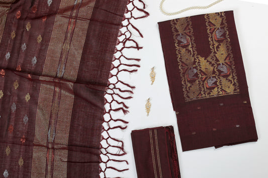 Plum Hand Woven Mul Jamdani Suit With Zari