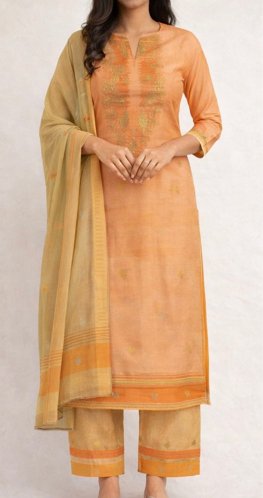 Peach Sorbet & Muted Gold Mulmul Suit