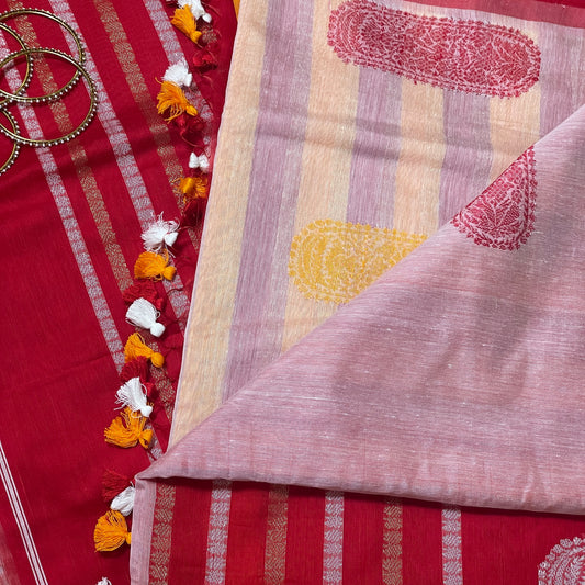 Red White Yellow Bengal Mercerised Cotton Saree