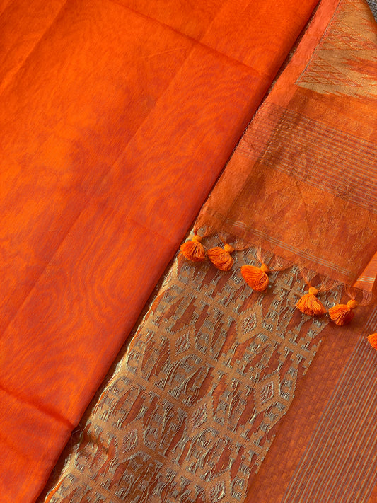 Orange Cotton Silk Saree With Zari Pallu