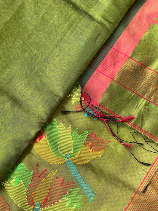 Henna Cotton Silk Saree With Floral Motifs