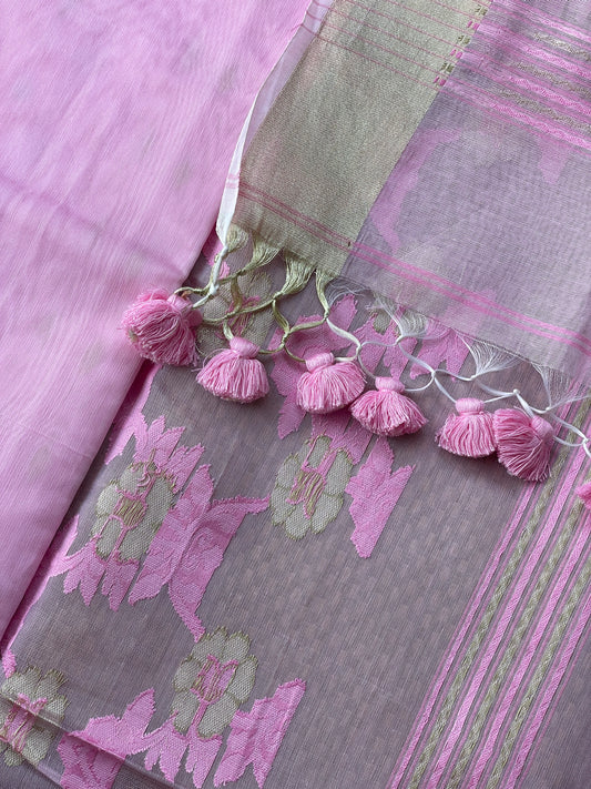 Pink Cottoncandy Jacquard Cotton Silk Saree with Zari border