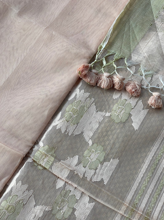 Beige Ivory Jacquard Cotton Silk Saree with Zari border