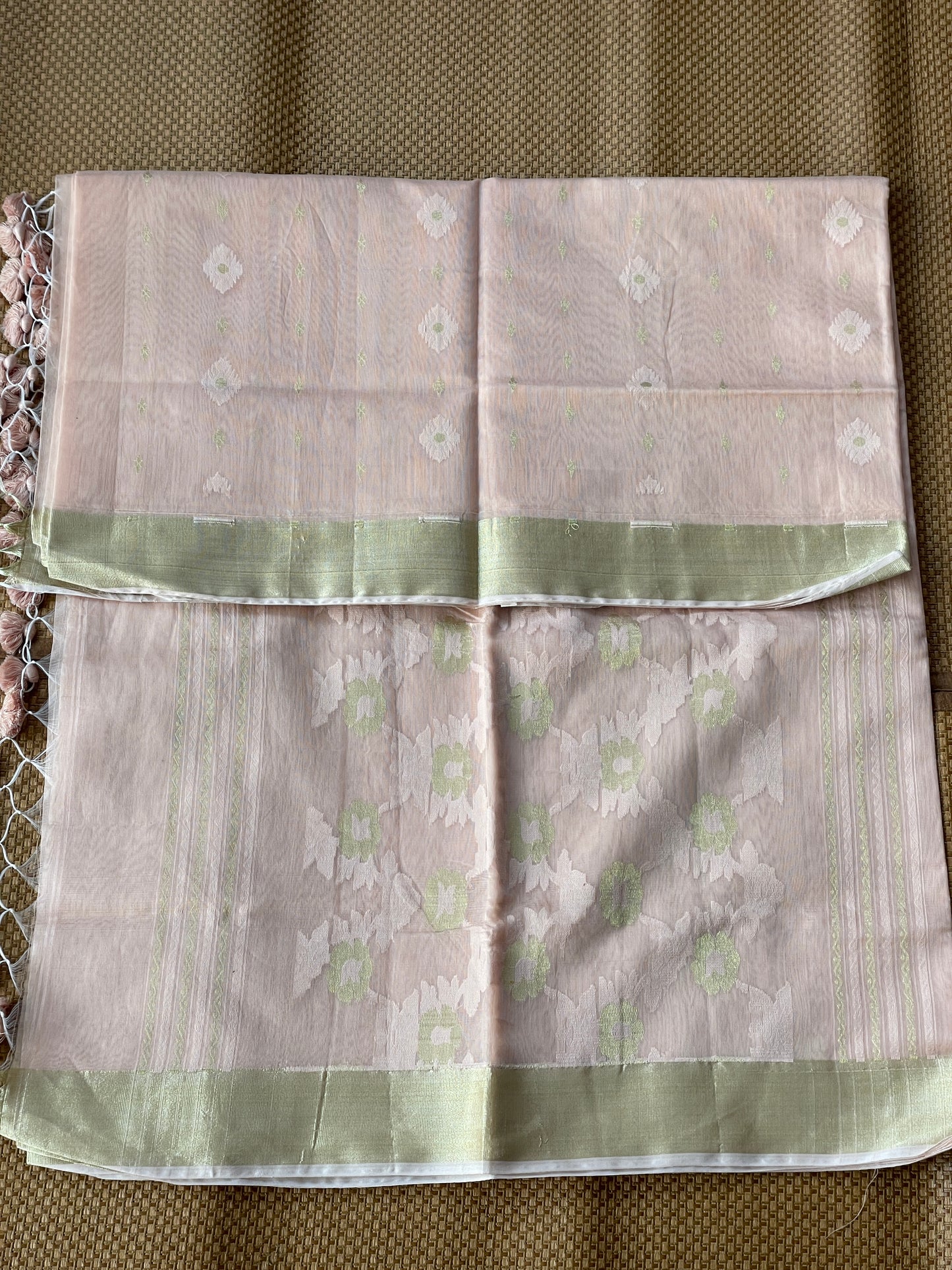 Beige Ivory Jacquard Cotton Silk Saree with Zari border