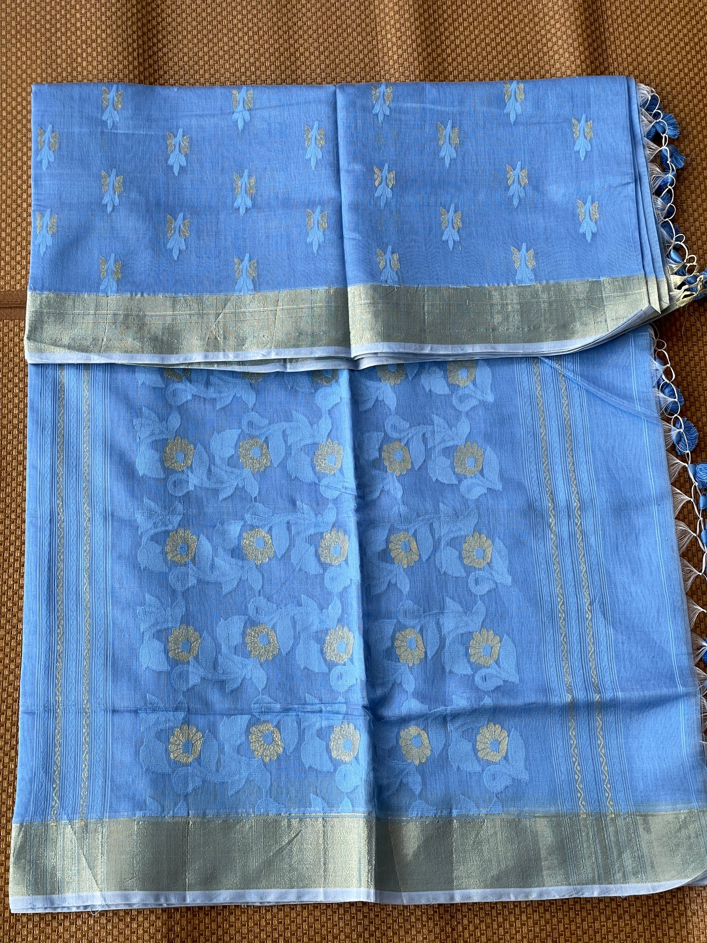Blue Jacquard Cotton Silk Saree with Zari border
