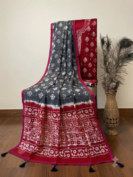 Red & Grey Mulmul Batik Suit