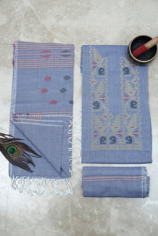 Lavender Hand Woven Mul Jamdani Suit With Zari