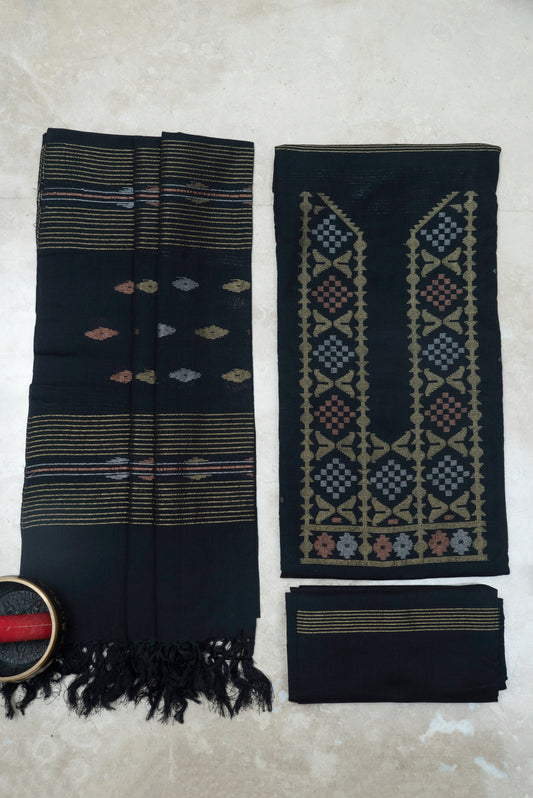 Black Hand Woven Mul Jamdani Suit With Zari