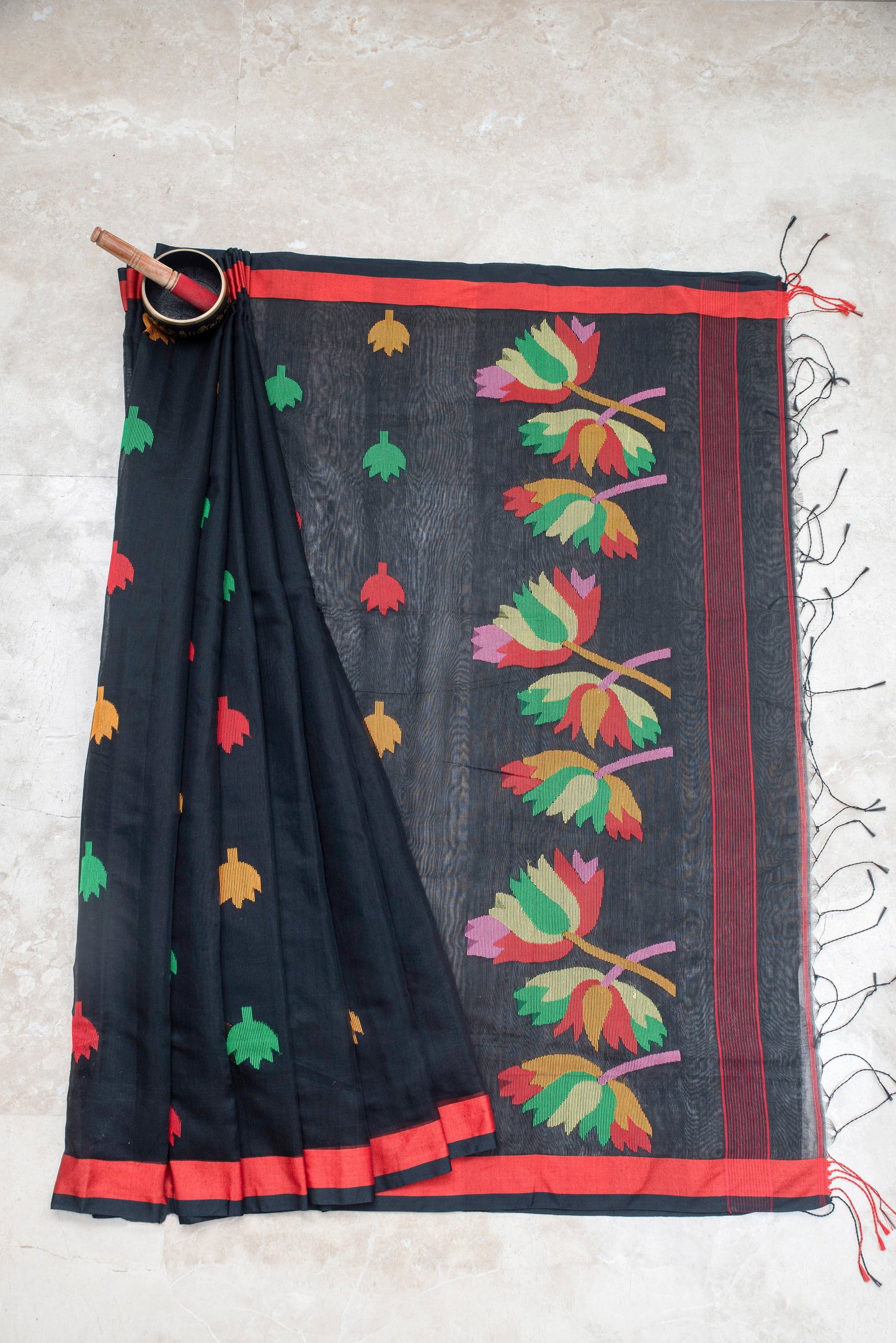 Black Cotton Silk Saree With Floral Motifs