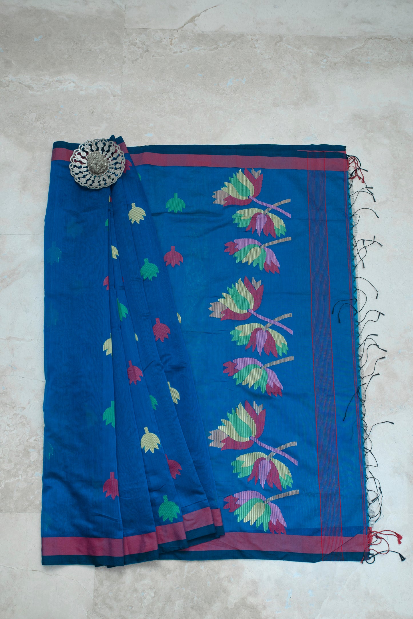 Blue Cotton Silk Saree With Floral Motifs