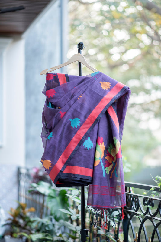 Purple Cotton Silk Saree With Floral Motifs