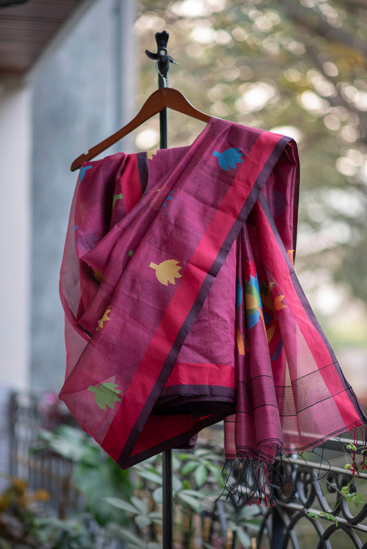 Maroon Cotton Silk Saree With Floral Motifs