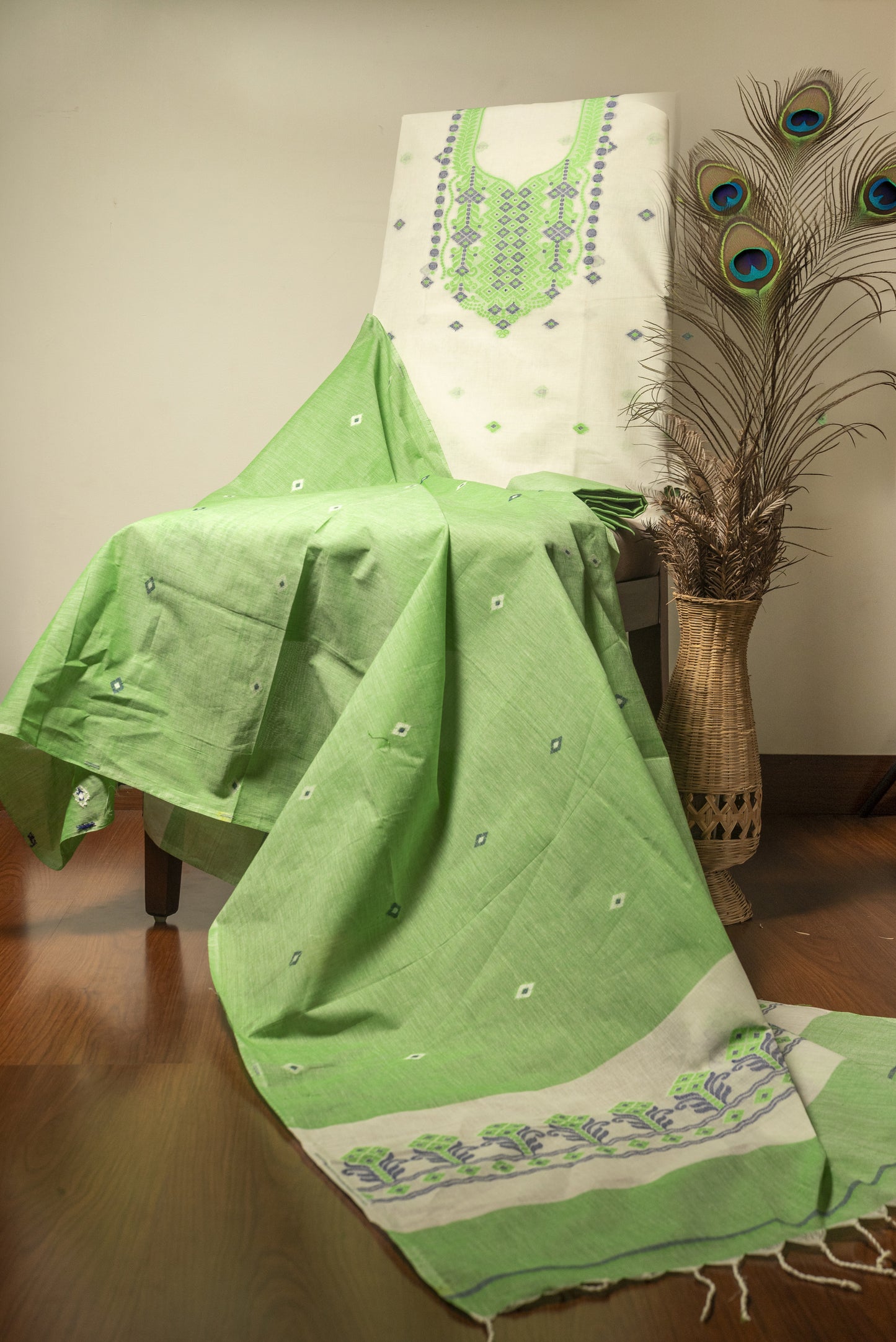 White & Green Pure Cotton Jamdani Suit