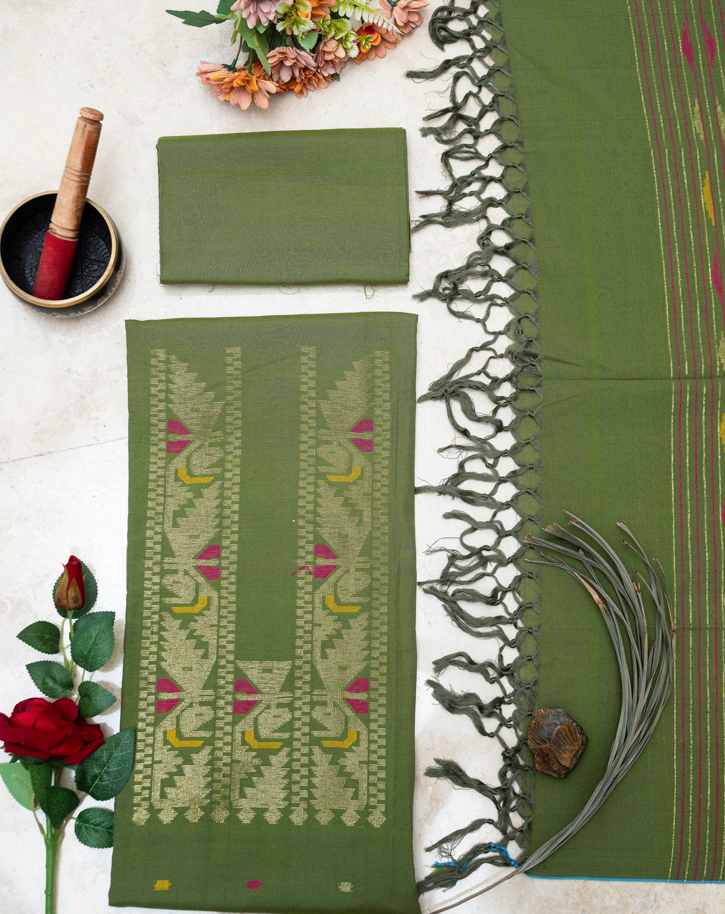 Green Hand Woven Mul Jamdani Suit With Zari