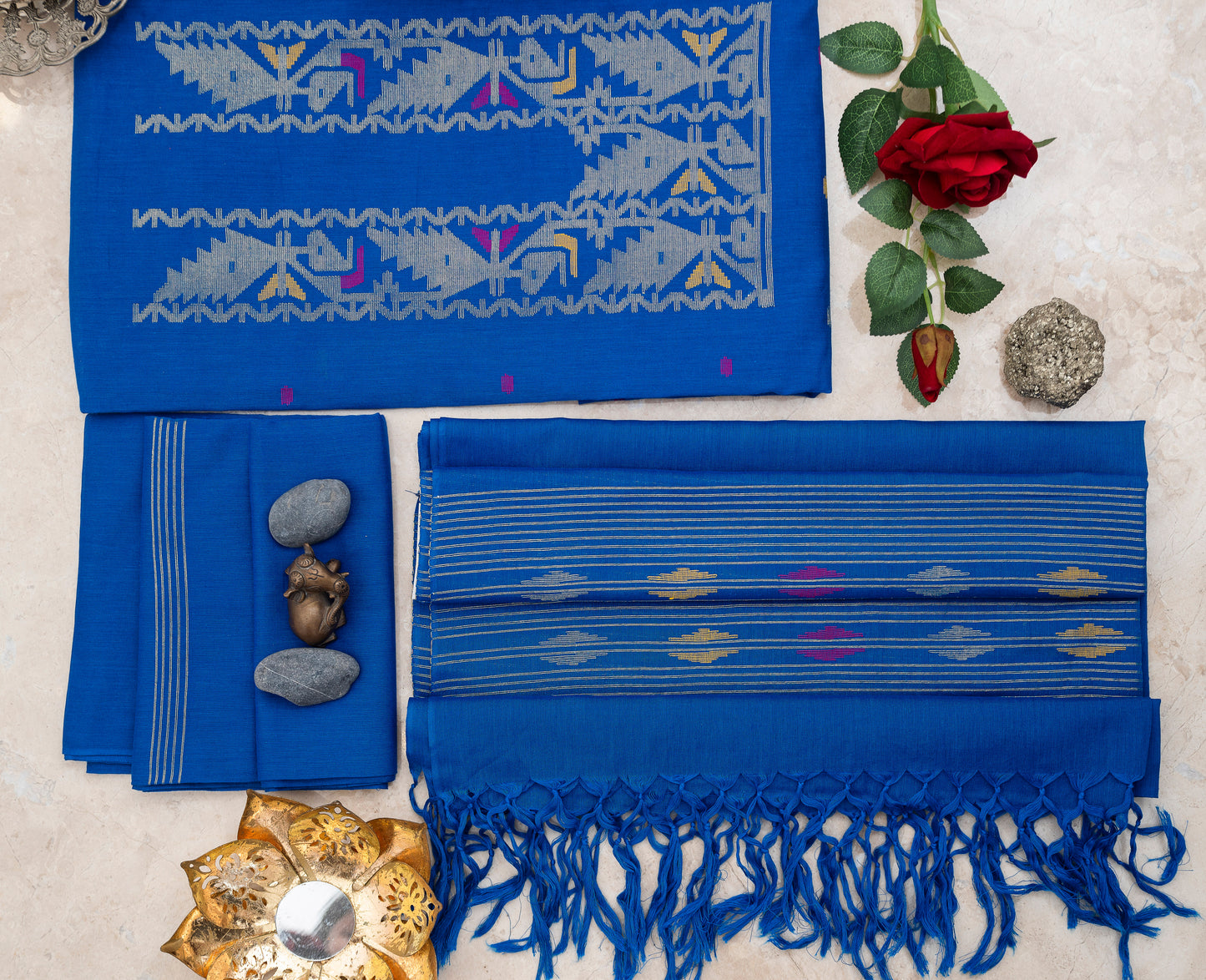 Royal Blue Hand Woven Mul Jamdani Suit With Zari