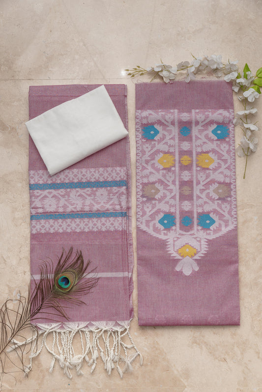 White & Pink Mulmul Jamdani Suit