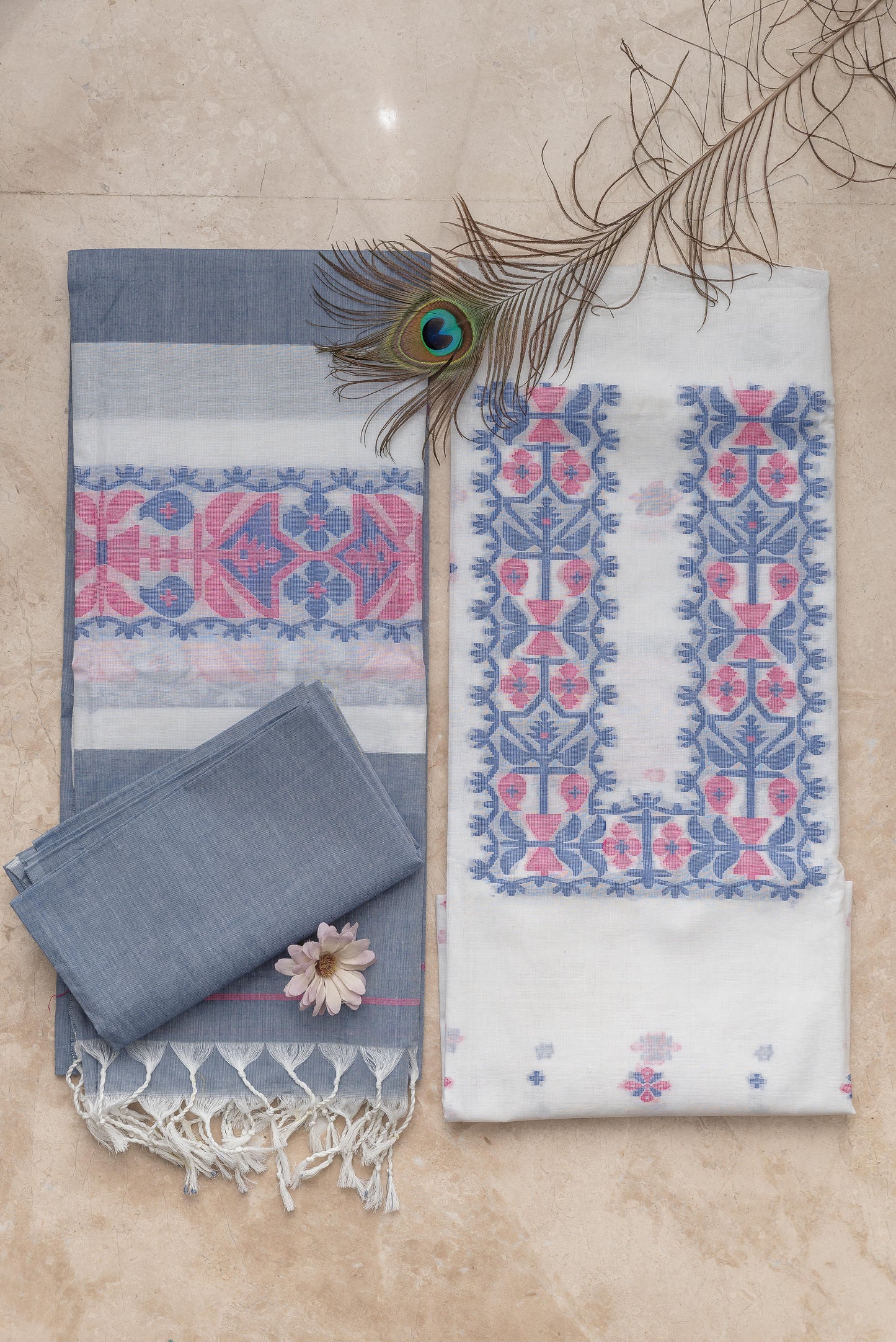 White & Grey Pure Cotton Jamdani Suit