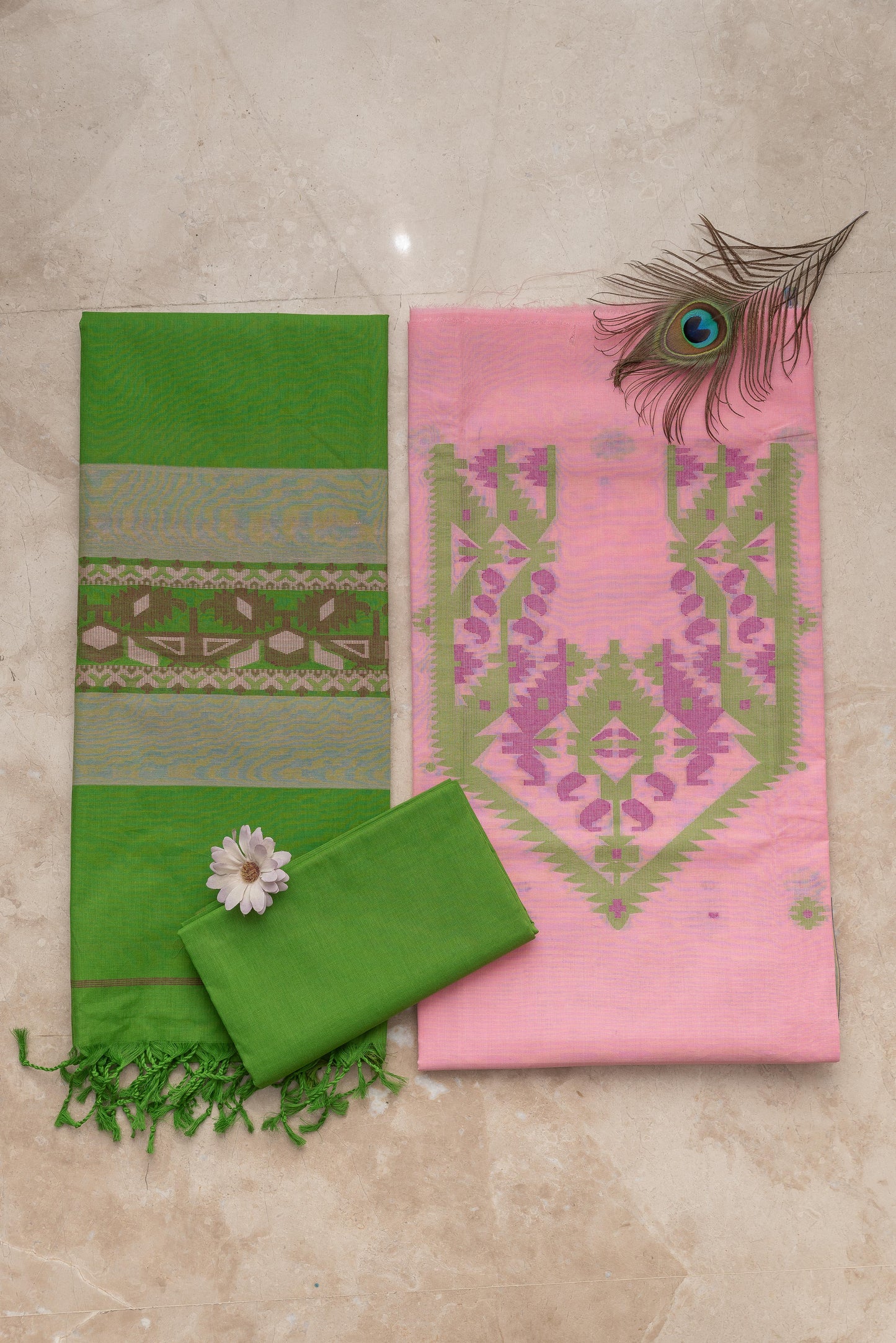 Pink & Green Pure Cotton Jamdani Suit