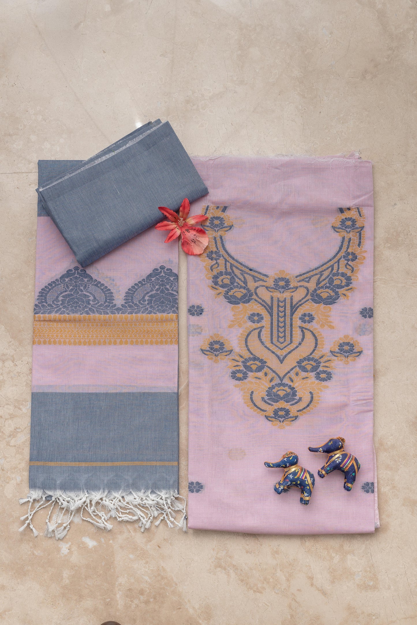Ash Blue & Light Pink Pure Cotton Jamdani Suit