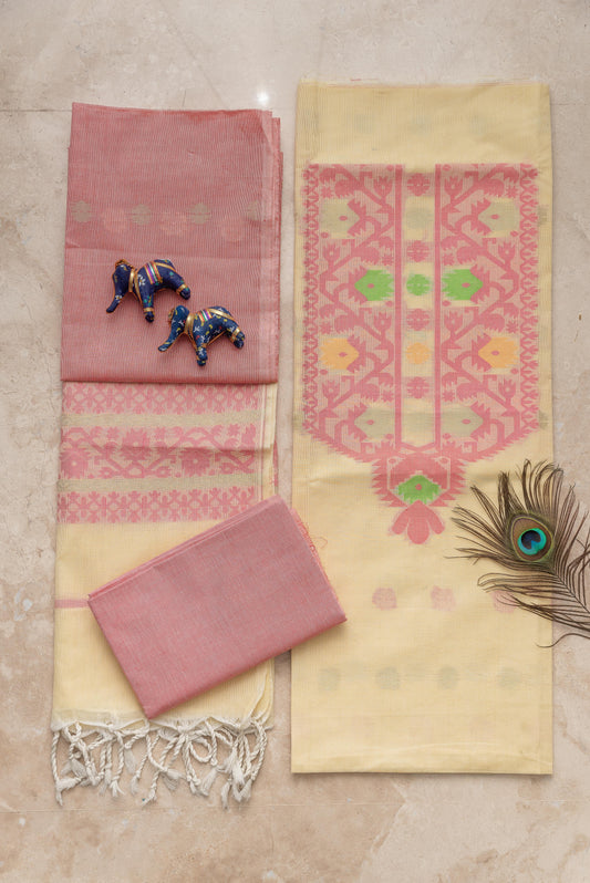 Lemon Yellow & Light Pink Mulmul Jamdani Suit
