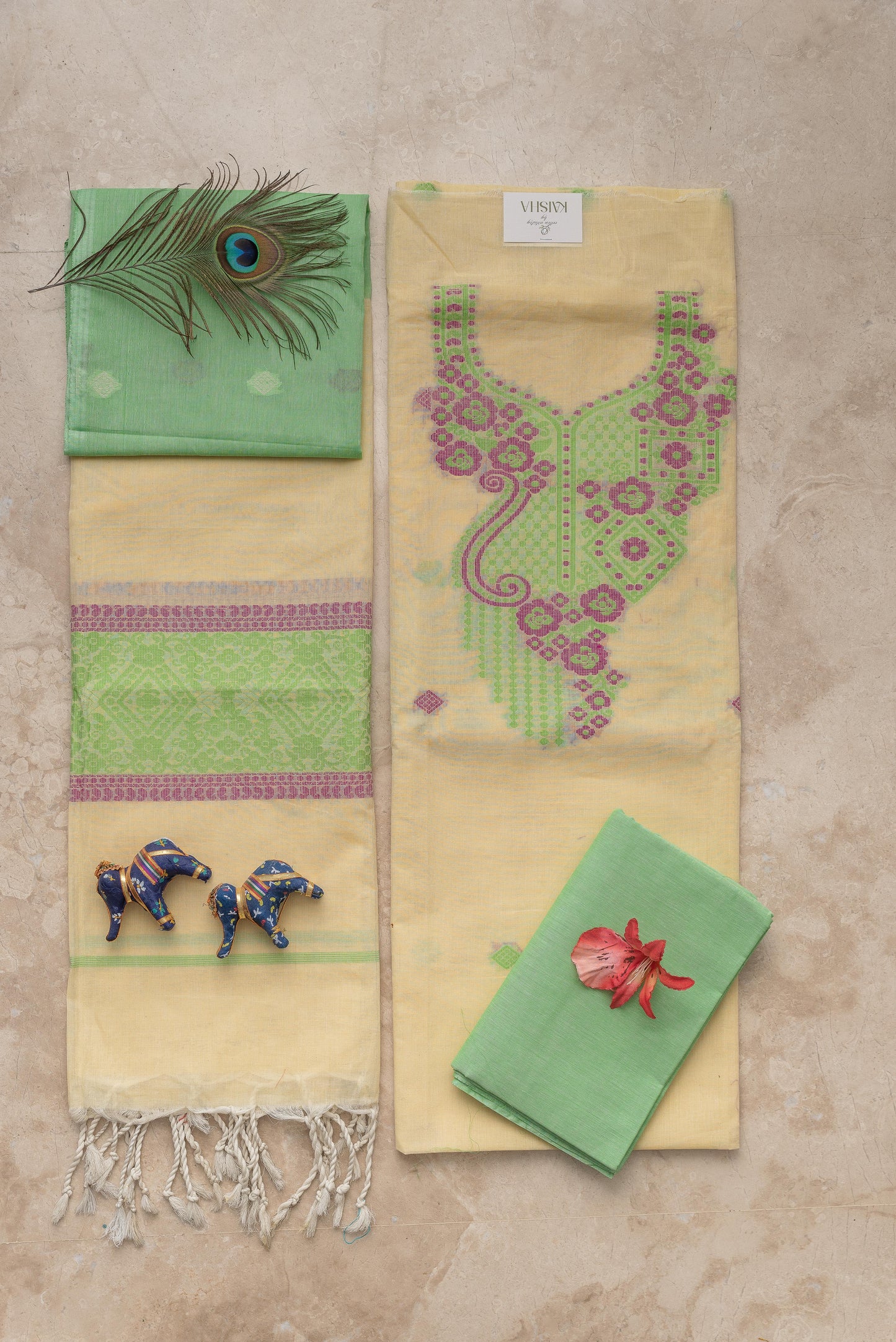 Light Green & Yellow Mulmul Jamdani Suit