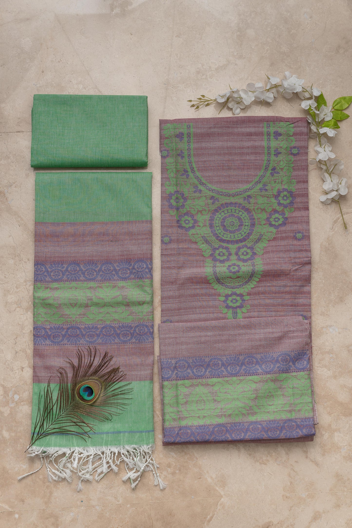 Dusty Mauve & Mint Green Mulmul Jamdani Suit