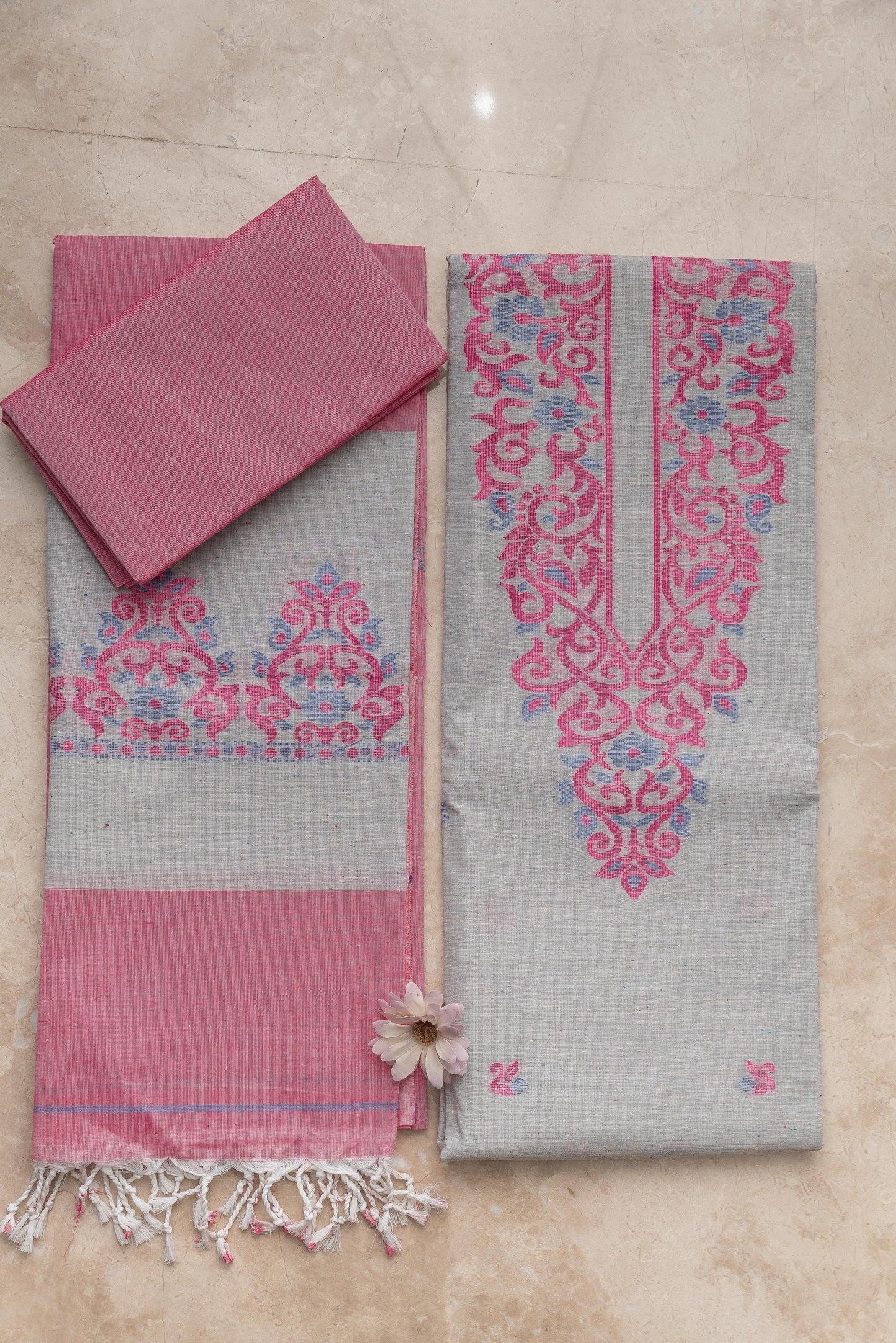Light Grey & Magenta Mulmul Jamdani Suit