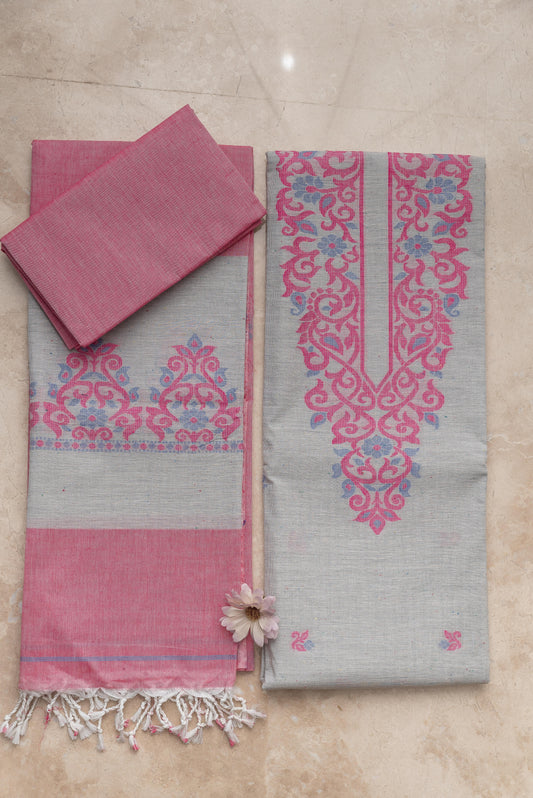 Light Grey & Magenta Mulmul Jamdani Suit