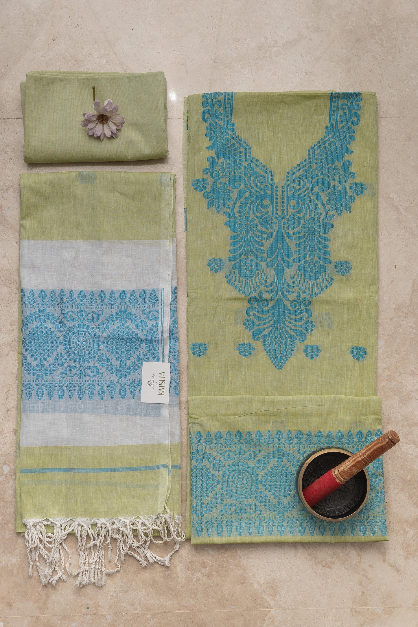 Pista Green & Blue Mulmul Jamdani Suit