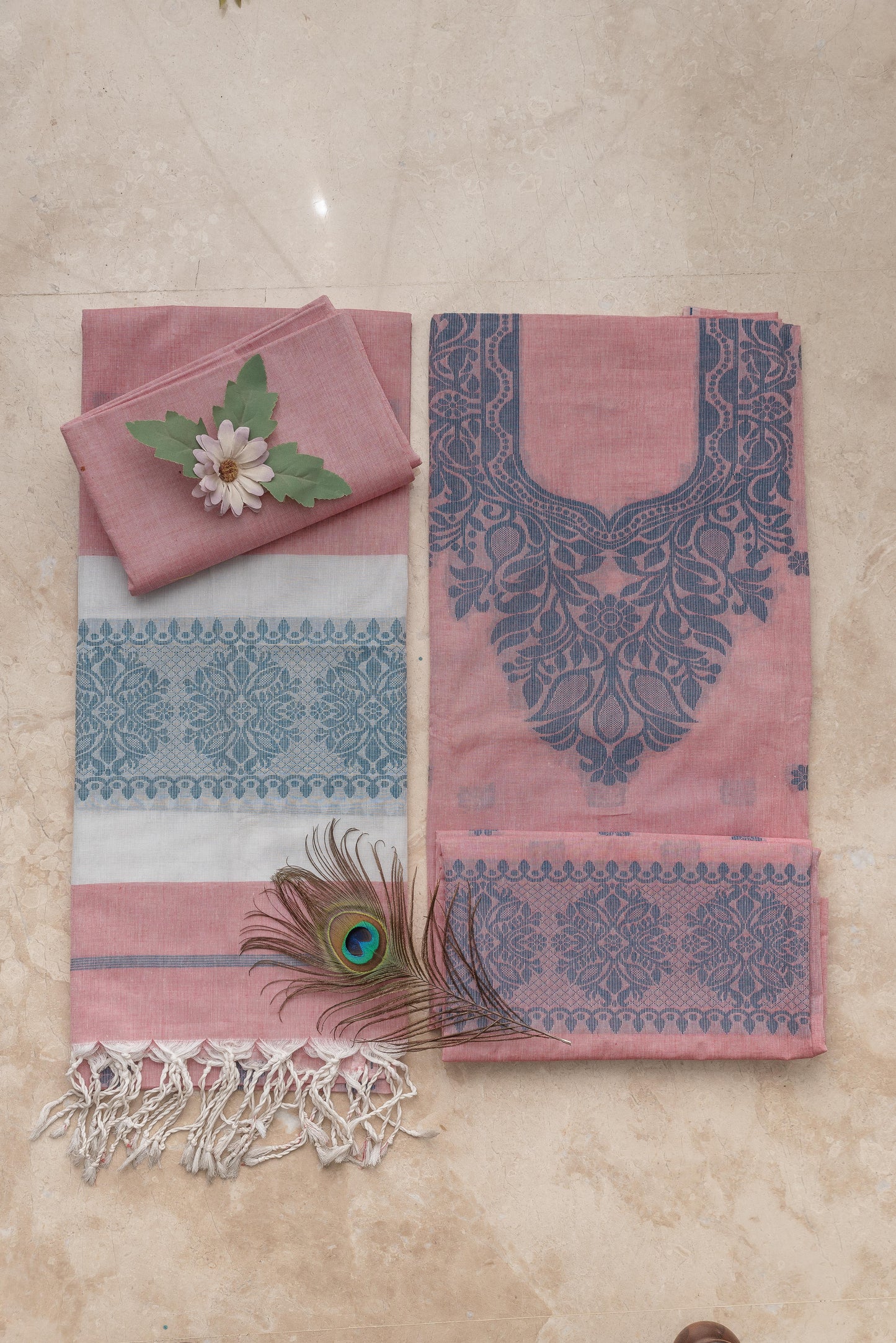 Pink & Blue Mulmul Jamdani Suit