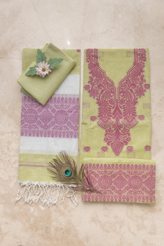 Pista Green & Magenta Mulmul Jamdani Suit