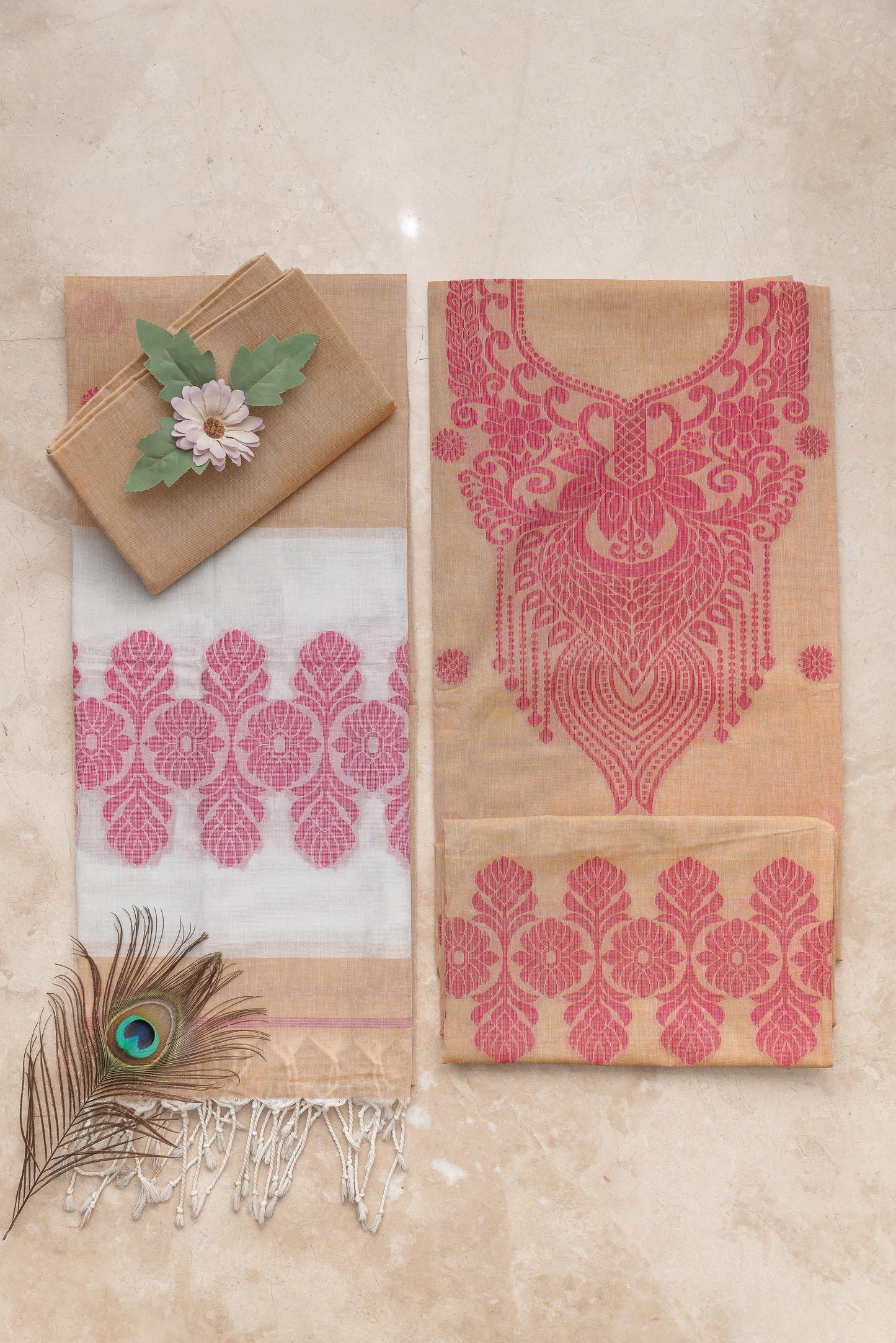 Peach & Pink Mulmul Jamdani Suit