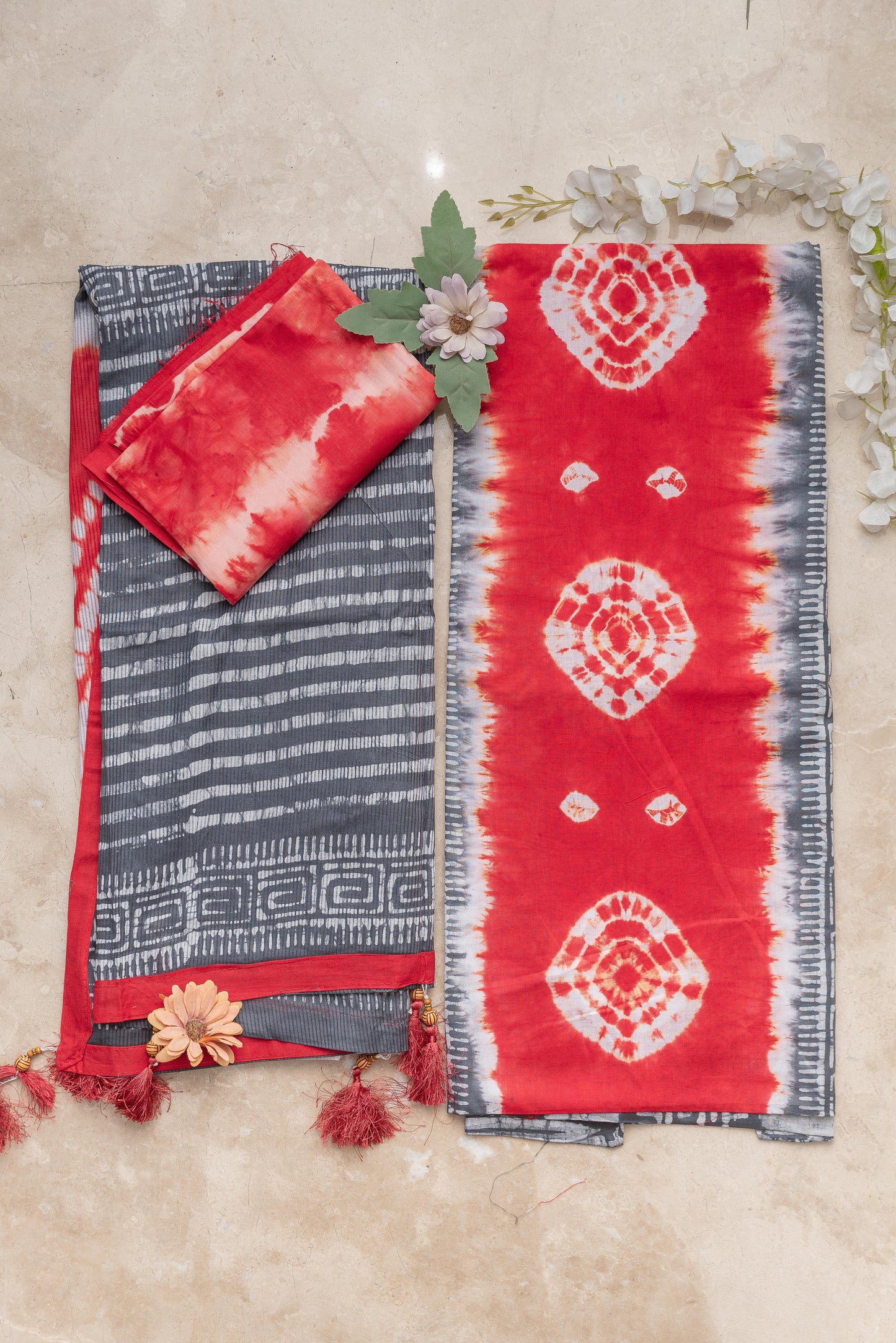 Grey & Red Mulmul Batik Suit