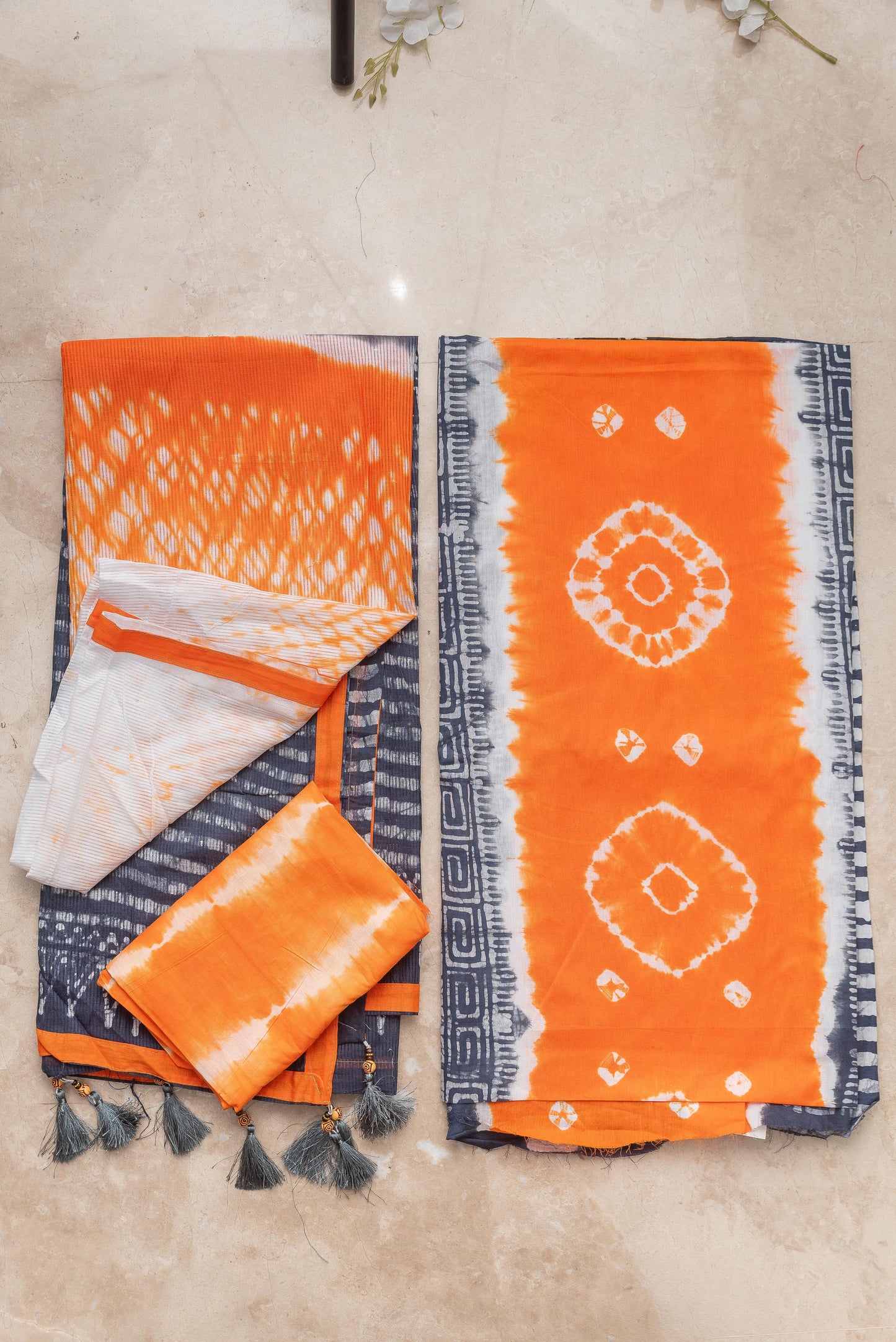 Grey & Orange Mulmul Batik Suit