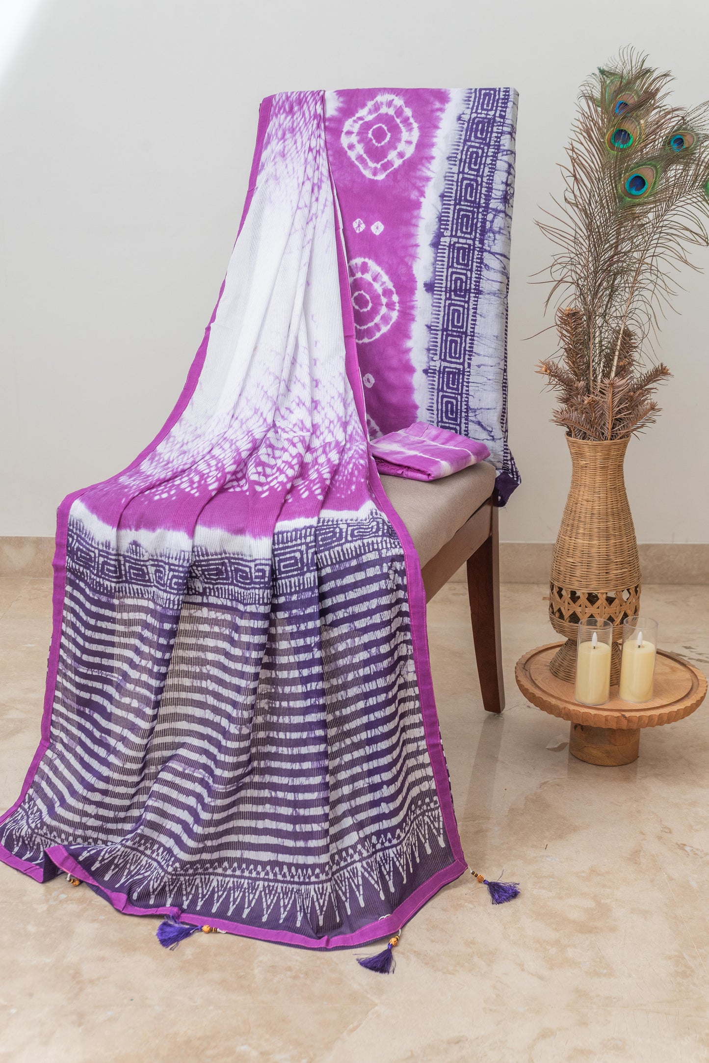 White & Purple Mulmul Batik Suit