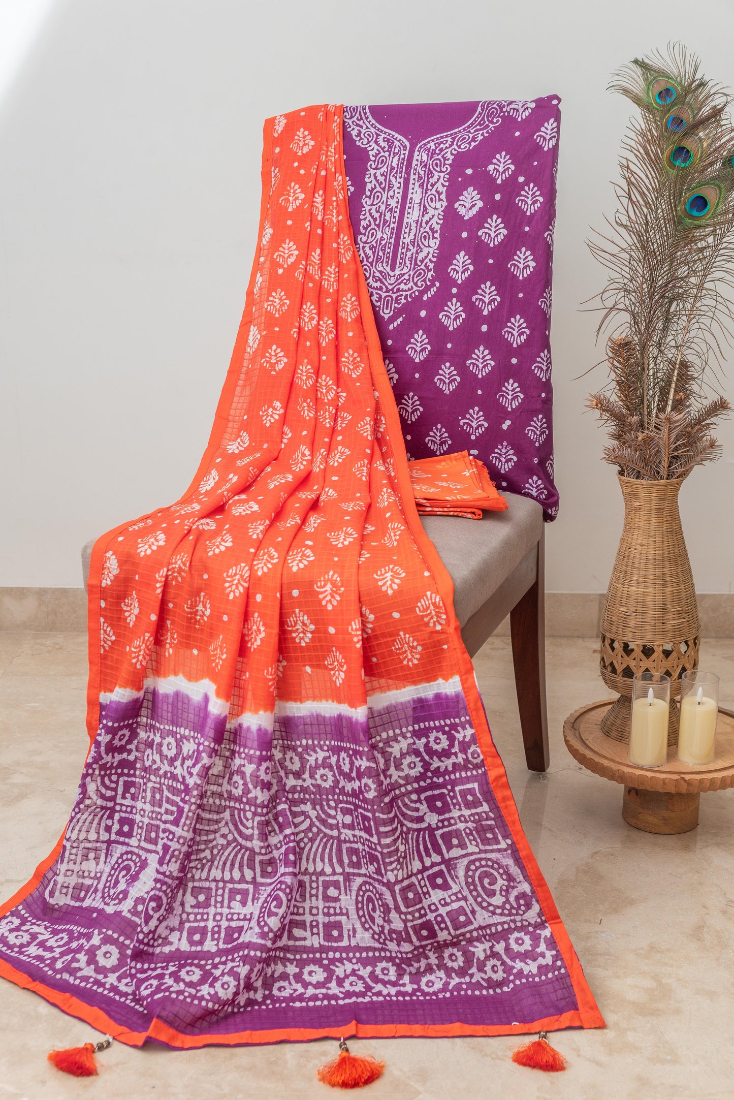Purple & Orange Mulmul Batik Suit