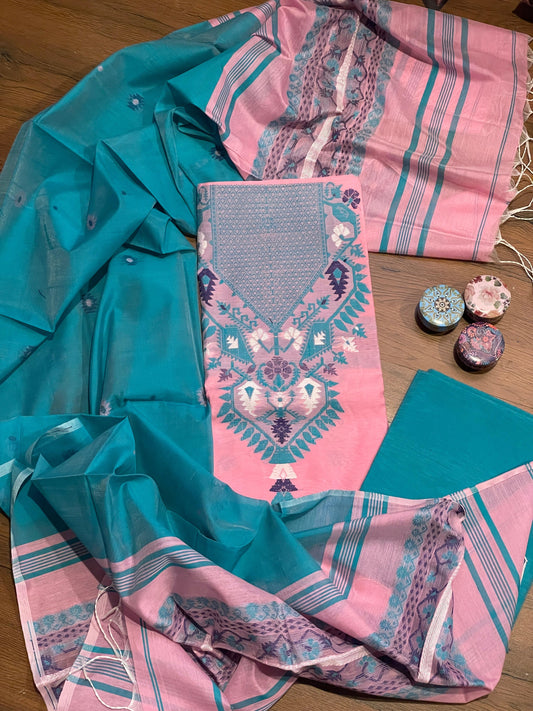 Baby Pink & Turquoise Blue Signature Cotton Silk Suit