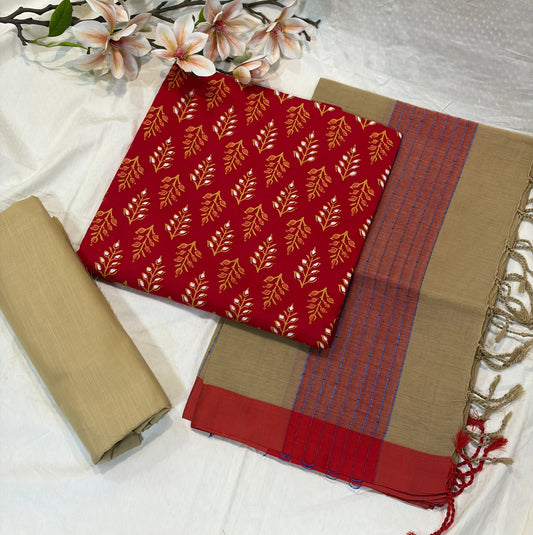 Red & Gold Block Print Cotton Suit Set