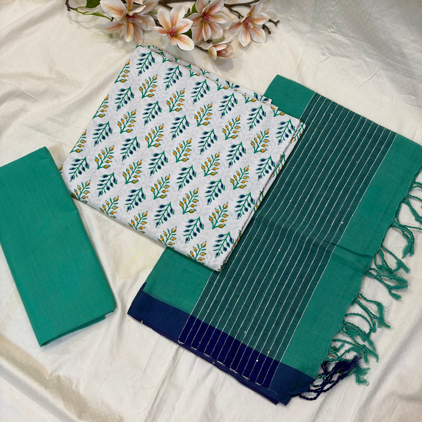 White & Green Block Print Cotton Suit Set