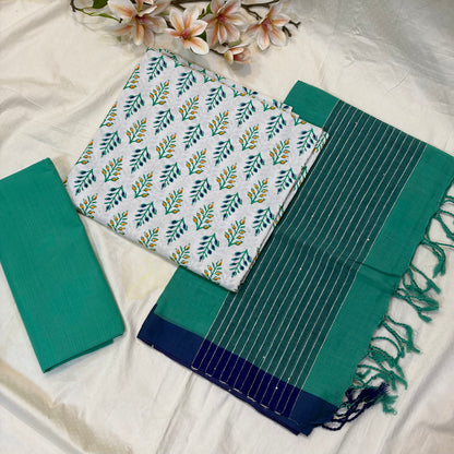 White & Green Block Print Cotton Suit Set