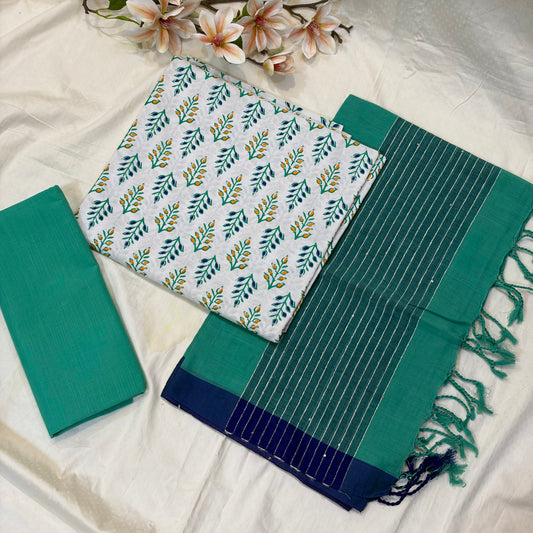 White & Green Block Print Cotton Suit Set