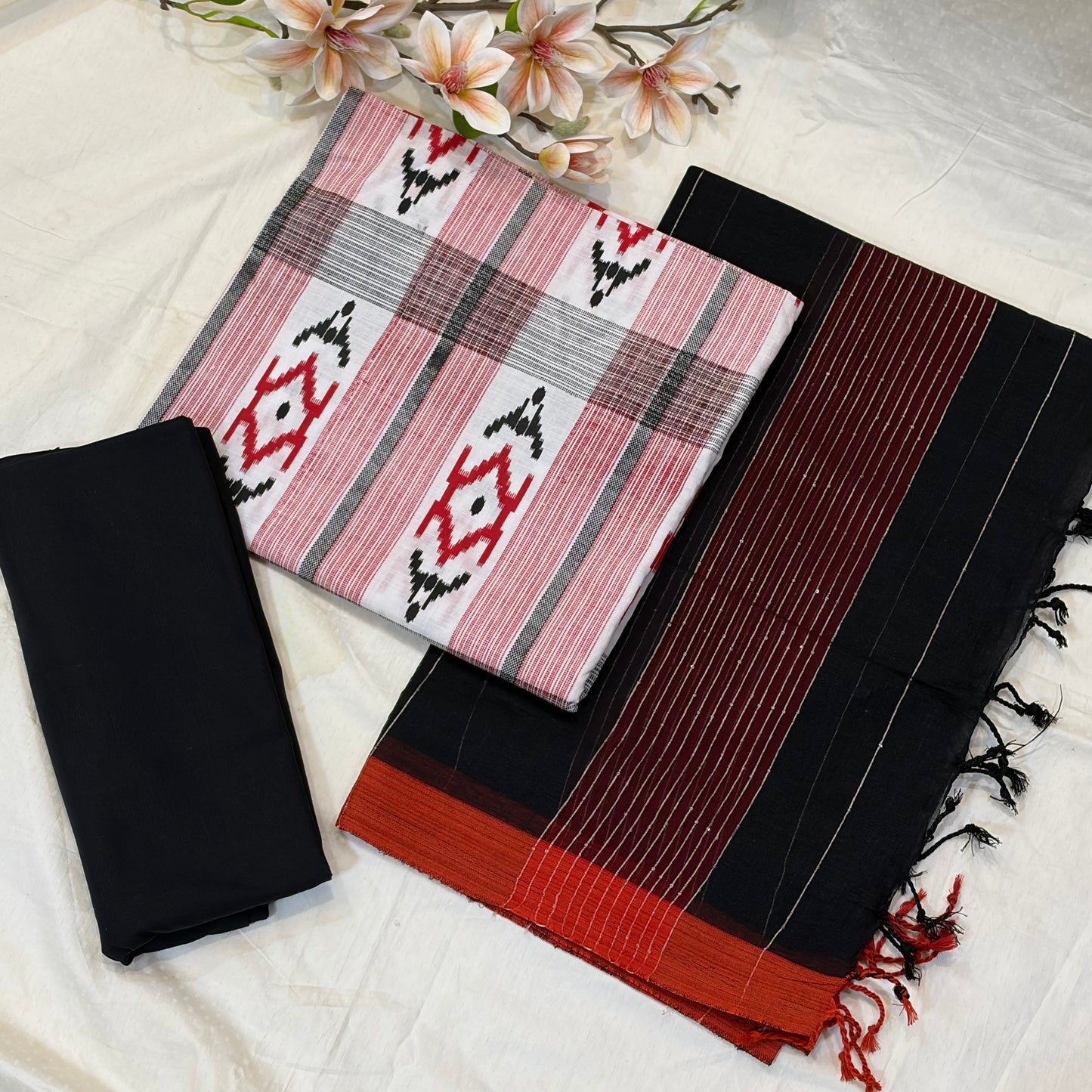 White Red & Black  Block Print Cotton Suit Set