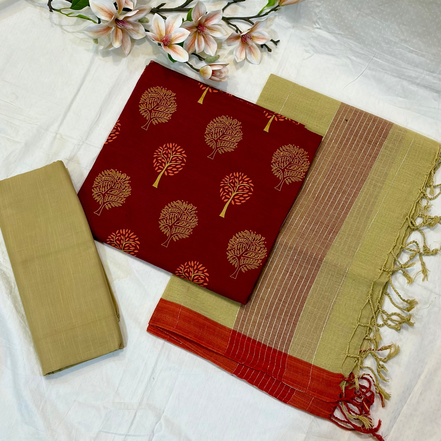 Maroon & Gold Block Print Cotton Suit Set