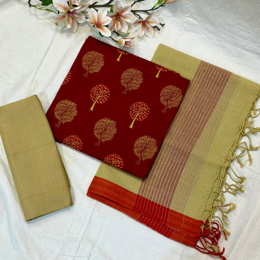 Maroon & Gold Block Print Cotton Suit Set