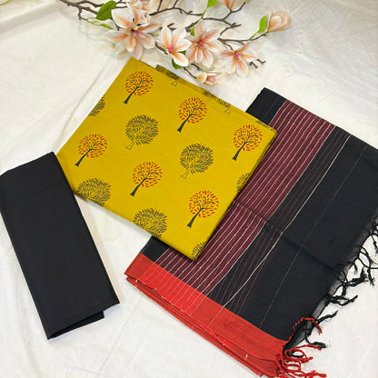 Mustard & Black Block Print Cotton Suit Set