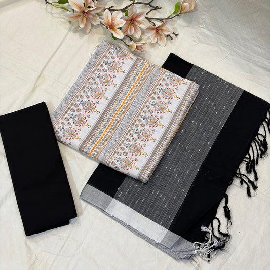 White & Black Block Print Cotton Suit Set