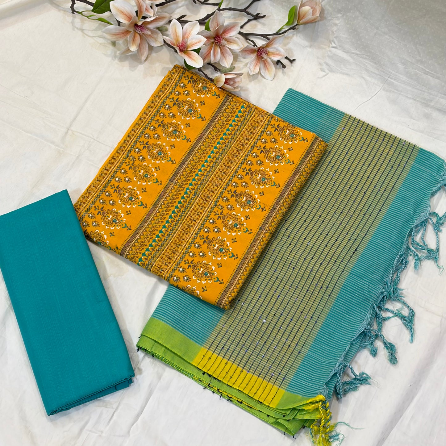 Saffron & Teal Block Print Cotton Suit Set
